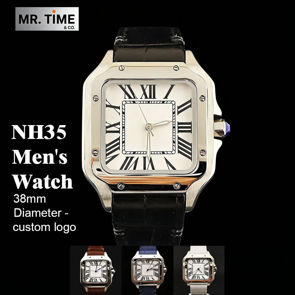 New NH35 Square Watch Men's Stainless Steel Watch Folding Buckle Leather Strap Customized Logo NH35 Movement Watch