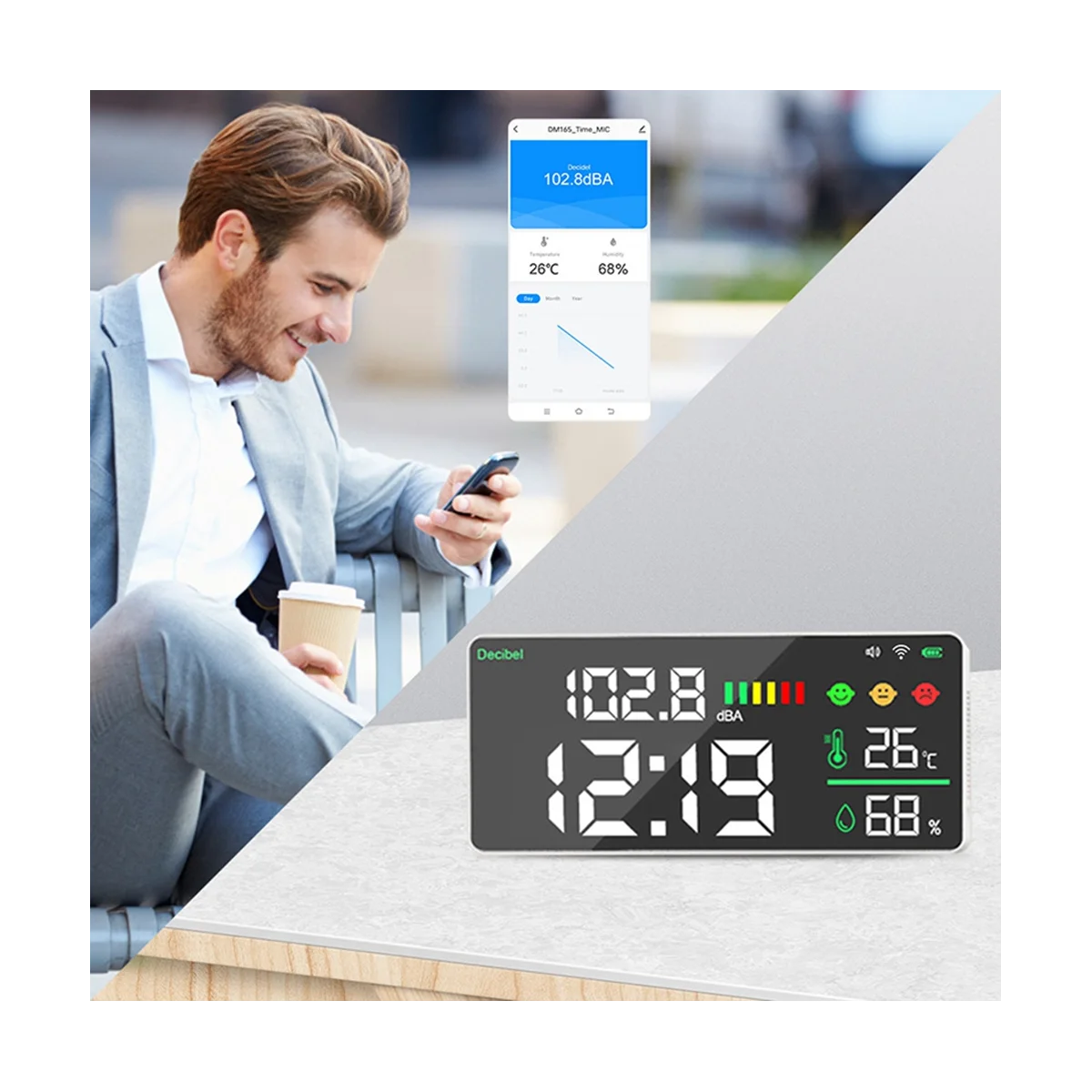 TUYA Wifi Digital Decibel Sound Meter Wall Mounted Smart Noise Tester Temperature and Humidity Monitor LED Large Screen