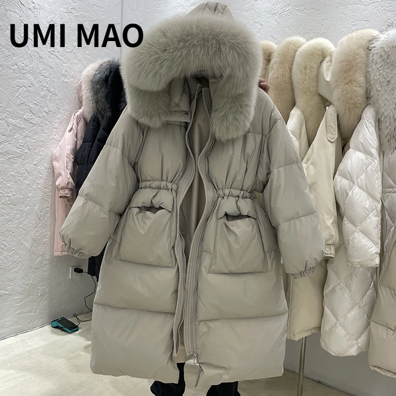 UMI MAO-Chaqueta de plumón gruesa de Corea del Sur para mujer, abrigo largo holgado por encima de la rodilla con Cuello de piel grande, moda de