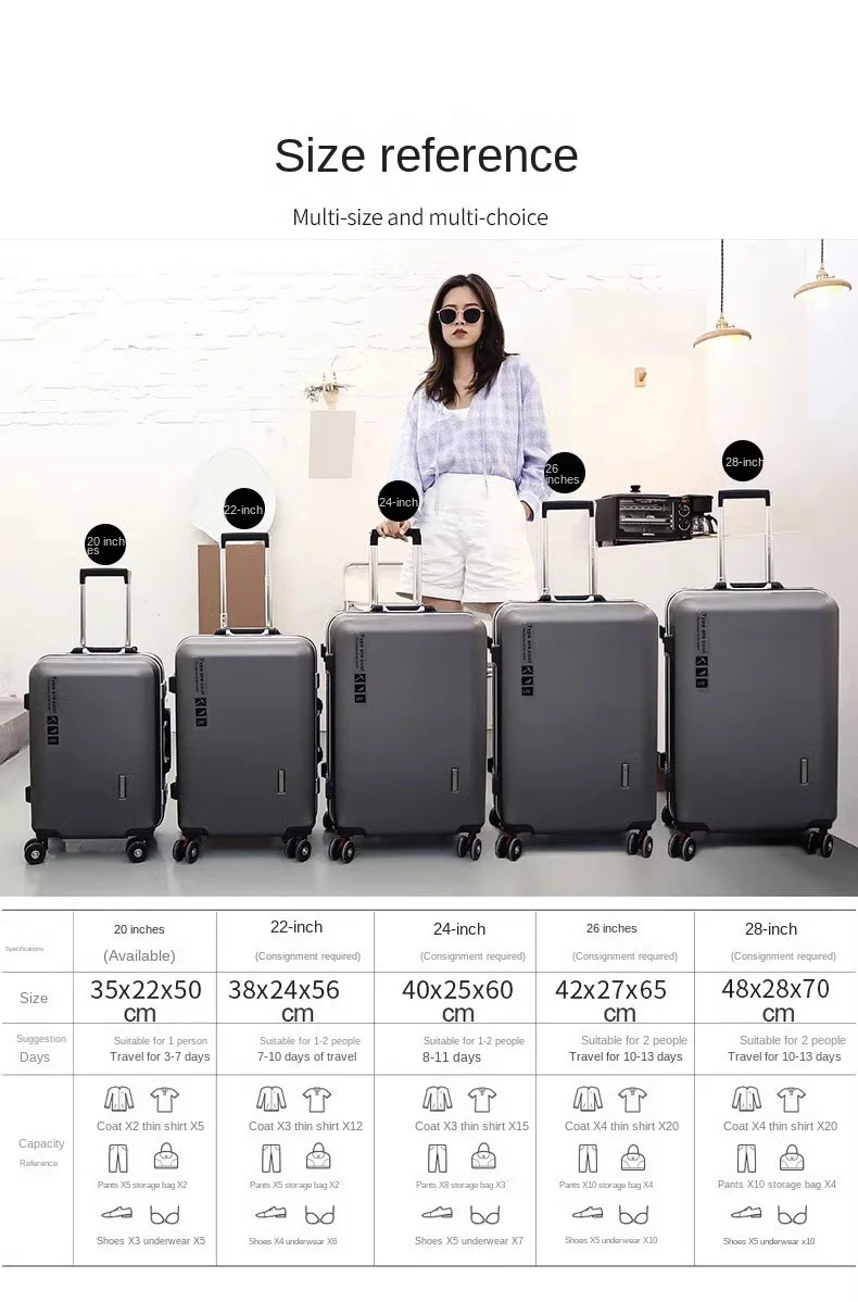 20 22 24 28 Inch Suitcase on Wheels Aluminium frame Luggage Carrier Trip Cabin Trolley Case Travel Bag Password Lock Zipper