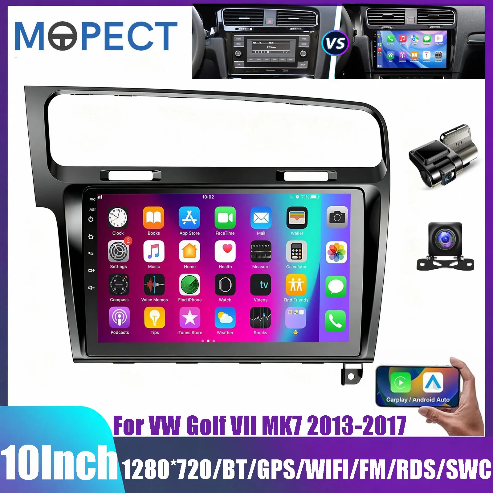 MOPECT 10'' Android 15/16 6+128G Autoradio für VW Golf VII MK7 2013-2017 Kabelloses Carplay Android Auto Multimedia-Stereo-Player 4G WIFI BT GPS-Navigation AM FM RDS SWC Touchscreen-Haupteinheit