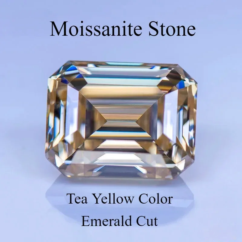 Moissanite Stone Natural Color Tea Yellow Emerald Cut Gemstone Lab Grown Diamond For Charms Jewelry Making With GRA Certificate