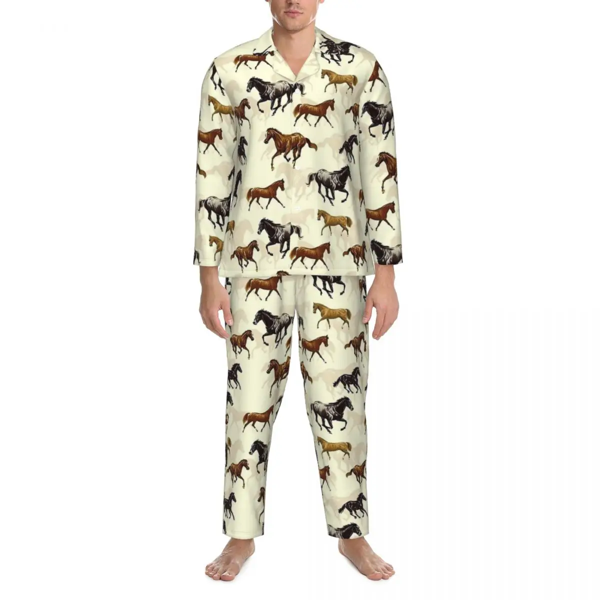 Pijamas homem cavalo pintura noite pijamas animal impressão 2 peças conjuntos de pijama casual mangas compridas quente oversized casa terno