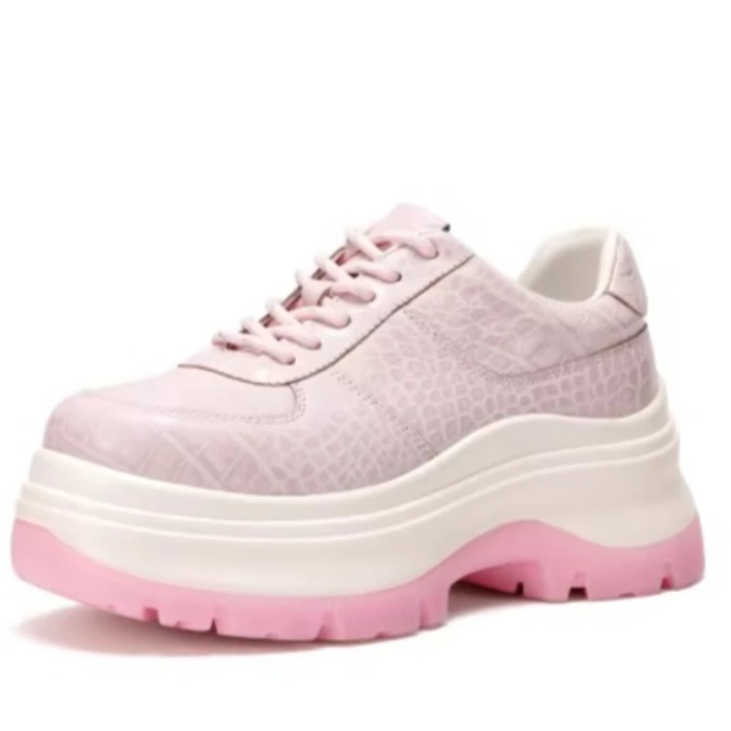 Sweet Fashion Pink Chunky Sneakers Genuine Leather Casual Sports Shoes for Women's Spring New Thick Sole Height Increasing Shoes