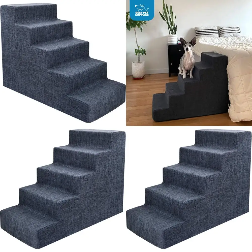 

Pet Foam Steps for Small Dogs & Cats, Indoor Non-Slip 5-Step Stair Support, 22.5 Dark Gray Ramp