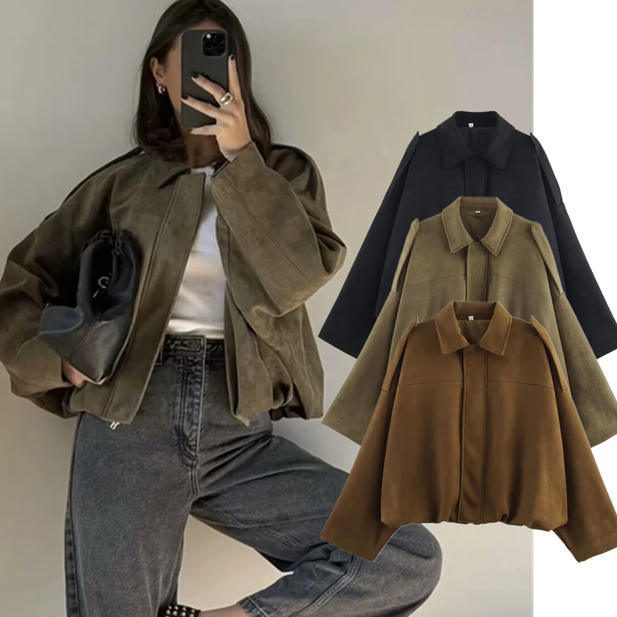 

Dave&Di Fashion Blogger Винтажная замшевая куртка-бомбер Минималистичный стиль бойфренда Короткое пальто Женская куртка Женская одежда