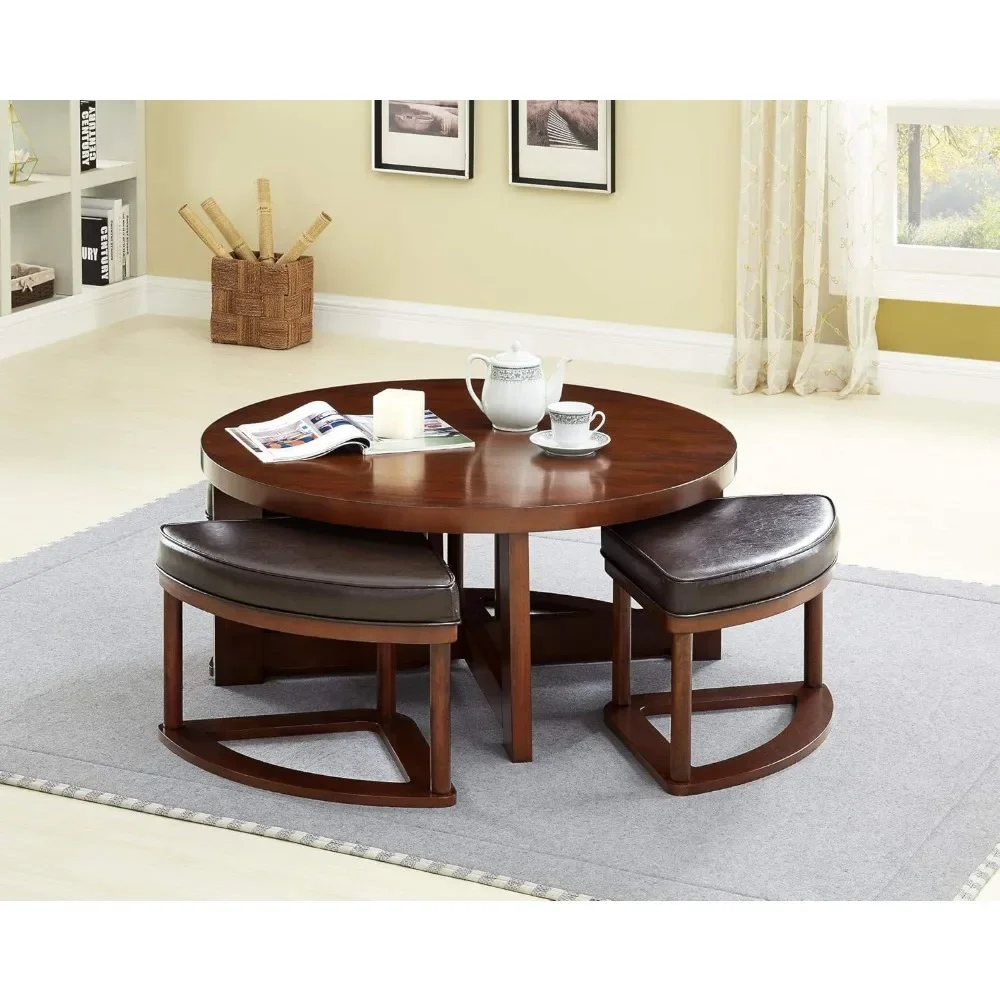 Coffee Table Set, Round Tables with 4 Upholstered Nesting Stools, Space-Saving Design, 5-Piece Coffee Table Set