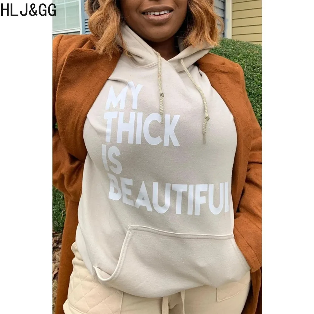 HLJ&GG Plus Size Women Letter Print Hooded Sweatshirts Women Long Sleeve Pocket Slim Tops Casual Female Matching Sporty Clothing