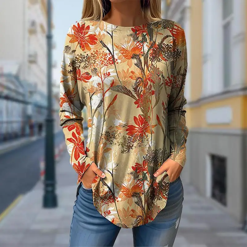 

Women's basic long-sleeved T-shirt, round neck, floral print, plain top, everyday pullover, party gift, versatile T-shirt