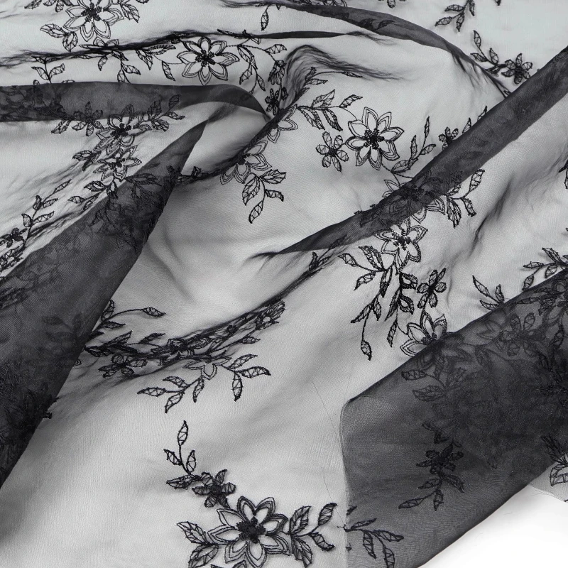 

Сплошной цвет, ткань из органзы с вышивкой, черное торжественное платье, Cheongsam, древний костюм, силуэт Ханфу, полупрозрачная ткань