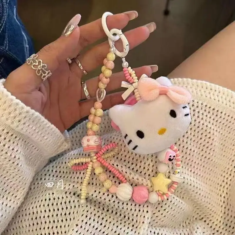 2025 Cartoon Kawaii Sanrio Hello Kitty Keychain Couple Backpack Pendant Children's Anime Plush Toy Beaded Pendant Holiday Gift