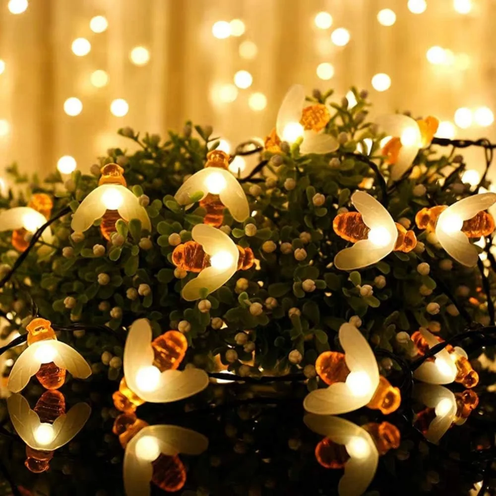 New Solar Powered Cute Honey Bee Led String Fairy Light 10m 50leds Bee Outdoor Garden Fence Patio Christmas Garland Lights 2024