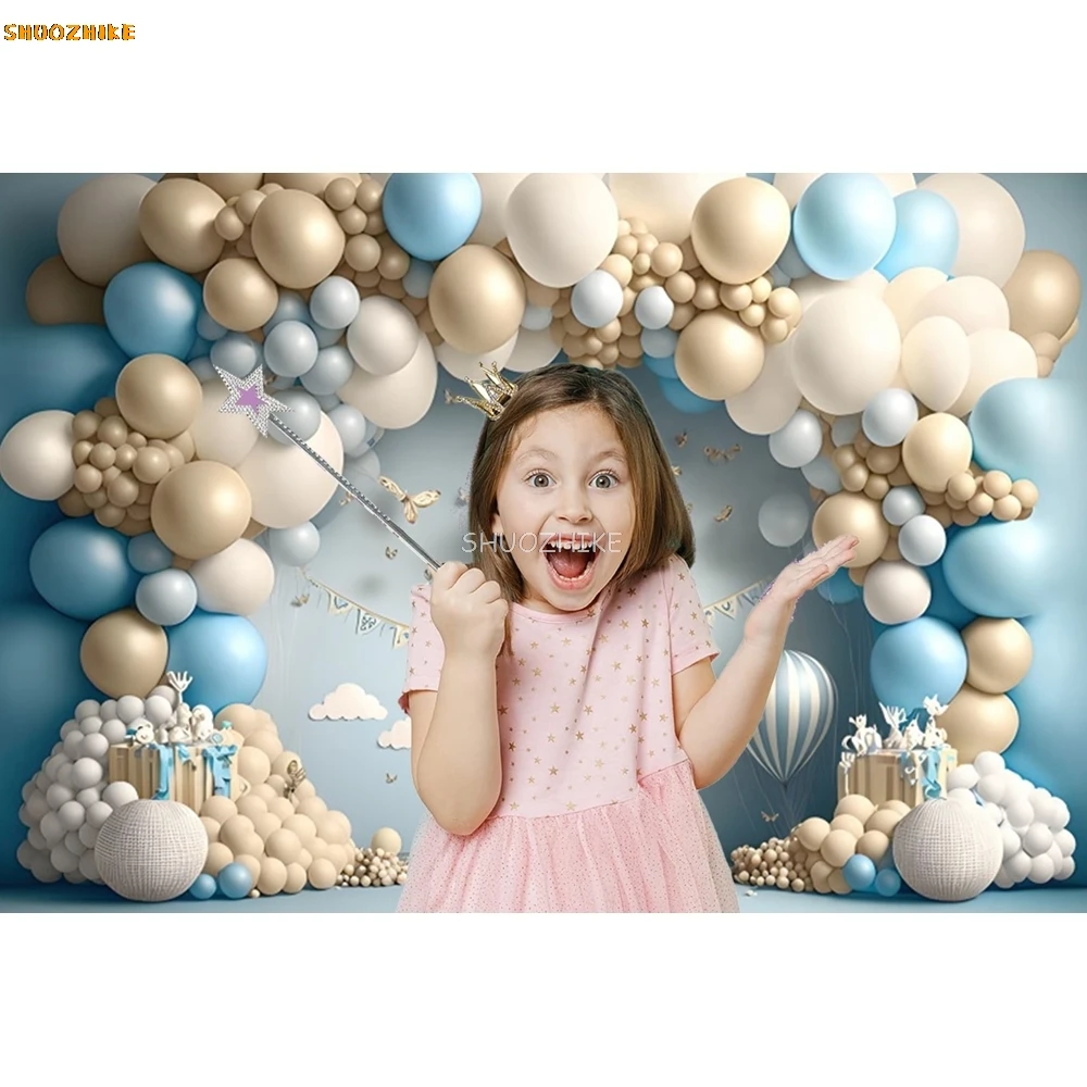 Baby Shower latar belakang ulang tahun pertama fotografi awan balon pesta dekorasi meja foto bayi fotografi kue latar belakang Smash
