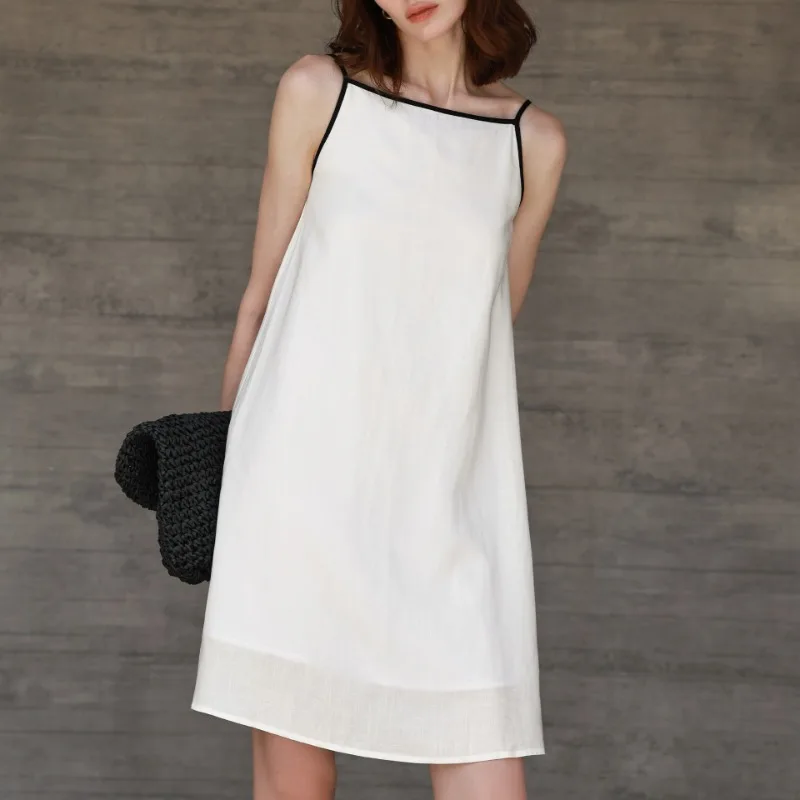 Elegant Linen Dress White Patchwork Women Summer Sleevless Casual Loose Beach Holiday Party High Street Fashion Female Vestidos