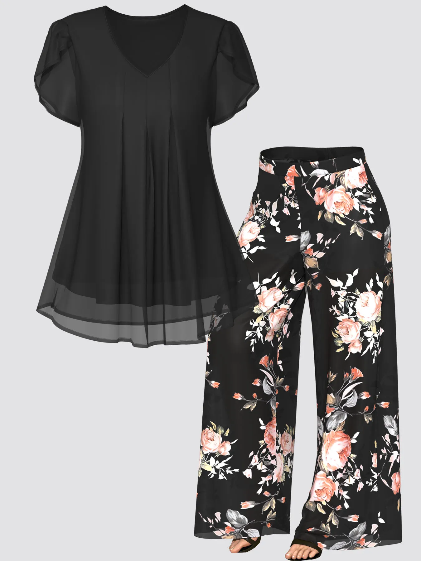 Fashion Plus Size Floral Retro Matching Set V-Neck Top and Printed Pants Chiffon Two Piece Set Temperament Top and Pant Summer