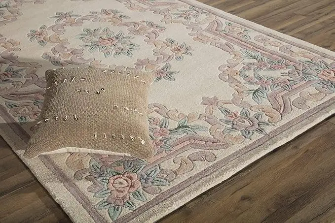 Aubusson Style Traditional Area Rug with Floral Medallion and Border Handmade Wool Floor Mat for Living Room Bedroom view 3