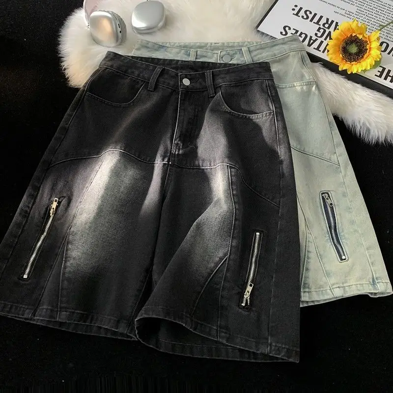 Streetwear Heren Zomer Losse Casual Denim Shorts Heren Rits Straight Veelzijdige Vijf Punts Broek Hiphop Sport Basketbal Shorts