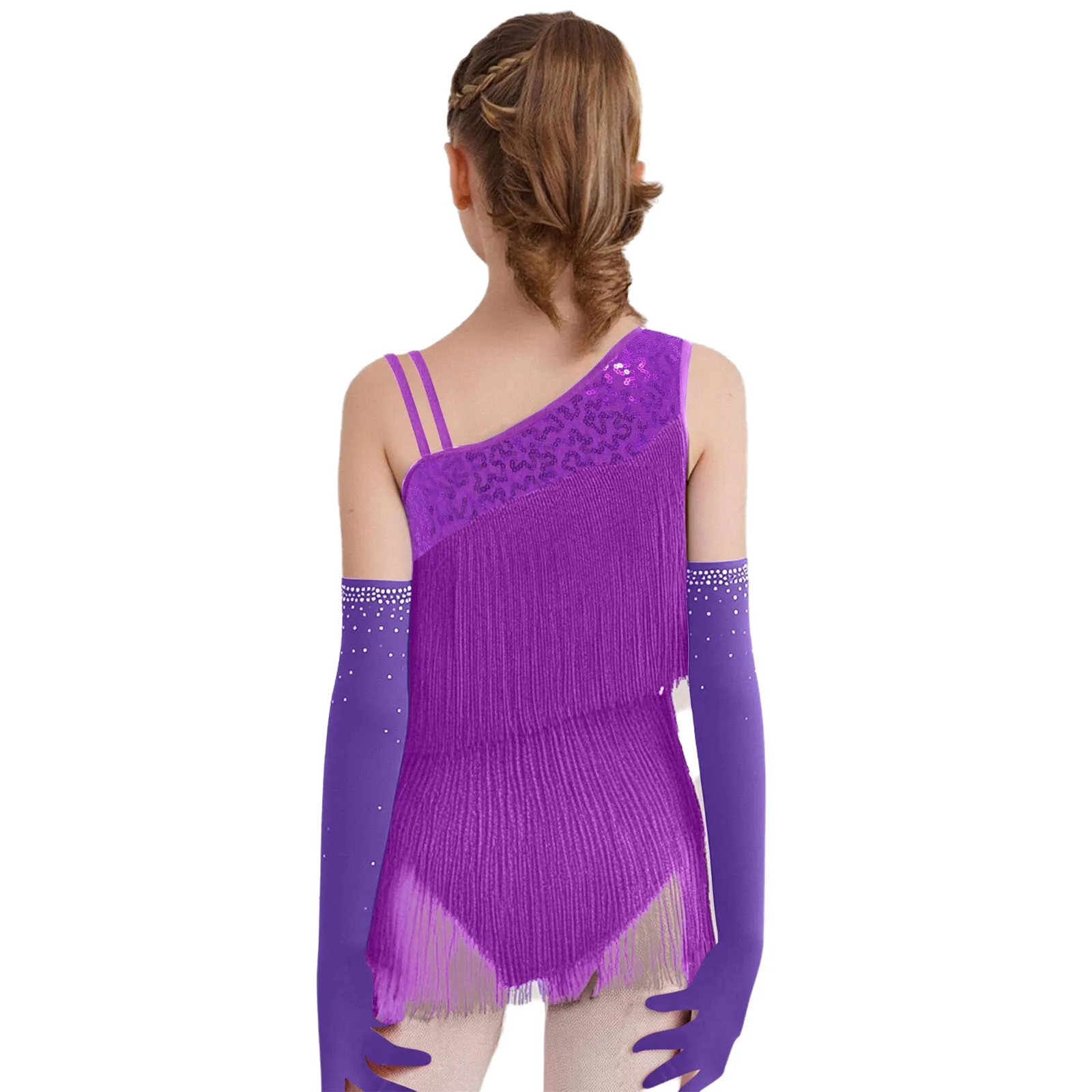 Kids Girl Modern Ballroom Salsa Latin Dance Costume Sleeveless Tassels Asymmetrical Sequins Leotard with Rhinestones Mesh Gloves