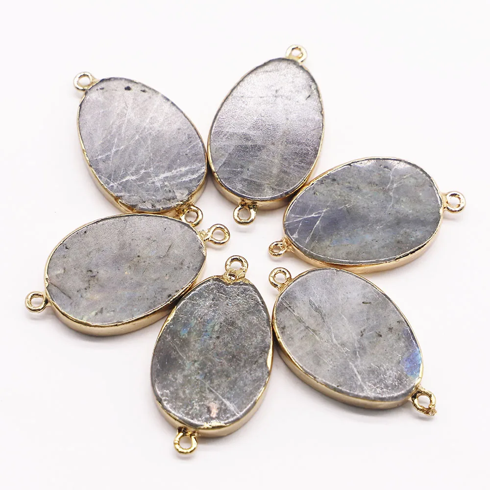 Natural Stone Oval Pendant Connector Labradorite Flat Necklace Mineral Healing Gold Plated Edge Charm DiY Jewelry 4Pcs Wholesale