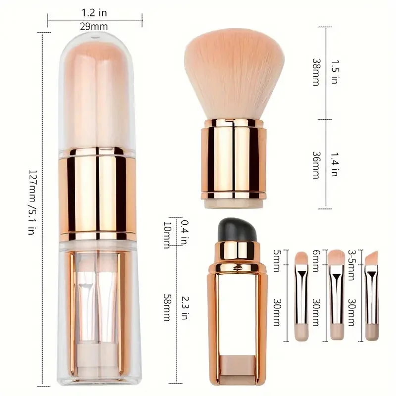 5 In 1 Portable Makeup Brushes Set Retractable Nylon Bristle Foundation Eyebrow Lip Eyeshadow Loose Powder Cosmetic Brushes Set