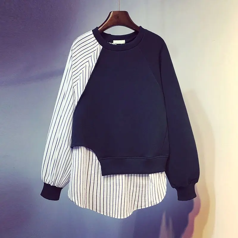 

2023 New Spring and Autumn Fashion Trend Round Neck Loose Stripe Contrast Panel Fake Two Piece Oversize Women's Sweater