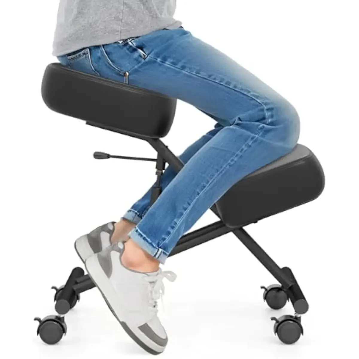 Ergonomic kneeling stool with height and tilt adjustment for posture support, 4-inch dense foam padding, waterproof PVC leather