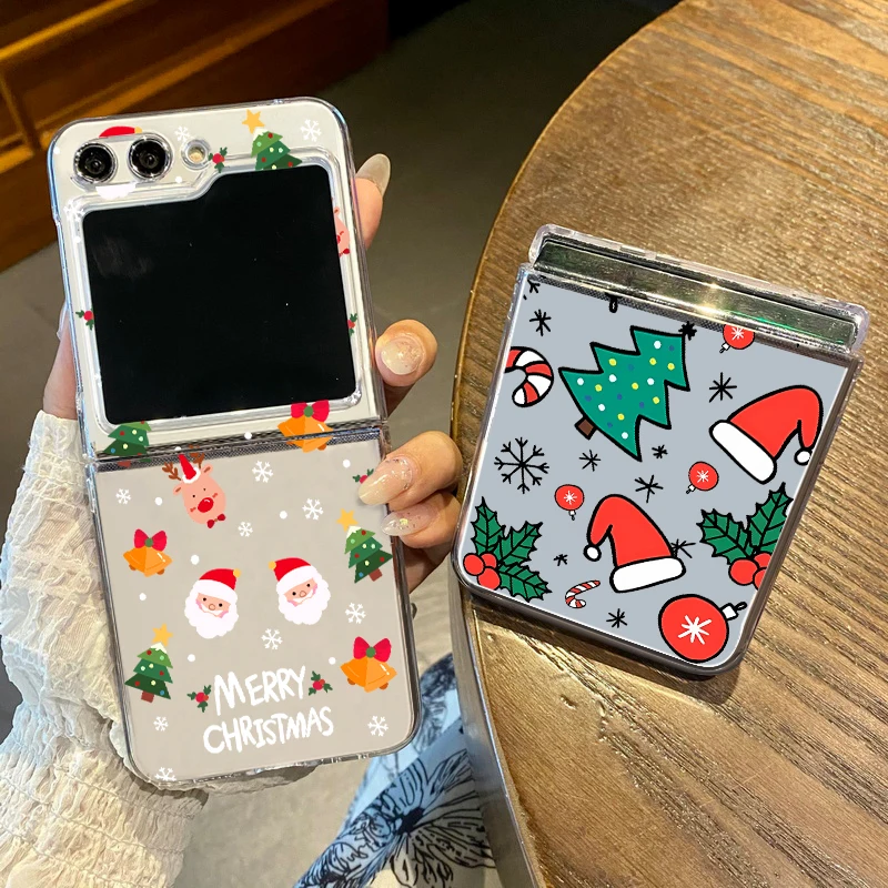 Weihnachtsbaum-Cartoon-Muster, klare Handyhülle für Samsung Galaxy Z Flip 7, 6, 5, 4, 3, 5G, faltbare harte PC-Abdeckung für Samsung Z Flip6
