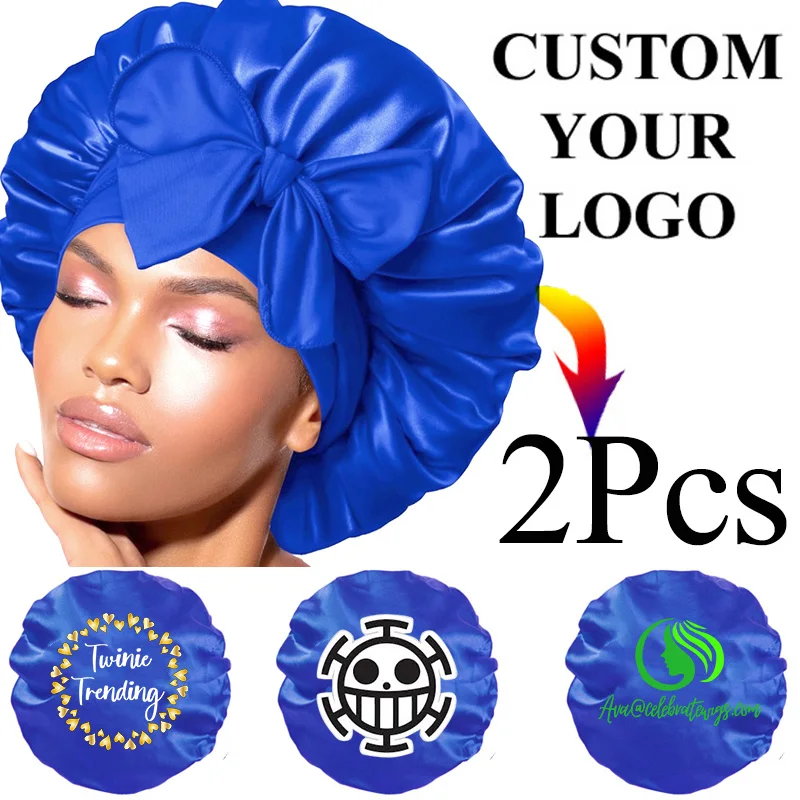 Satin Silk Bonnet For Sleeping 2Pcs Soft Hair Bonnet For Wavy Curly Hair Night Sleep Cap With Tie Band Personalized LOGO