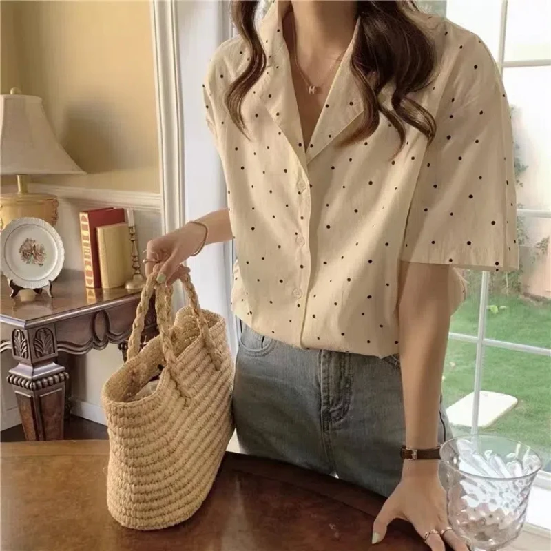 Summer Korean 2024 New Pattern Design Sense Tailored Collar Polka Dot Tops Fashion Short Sleeve Shirt Women's Clothing Tops