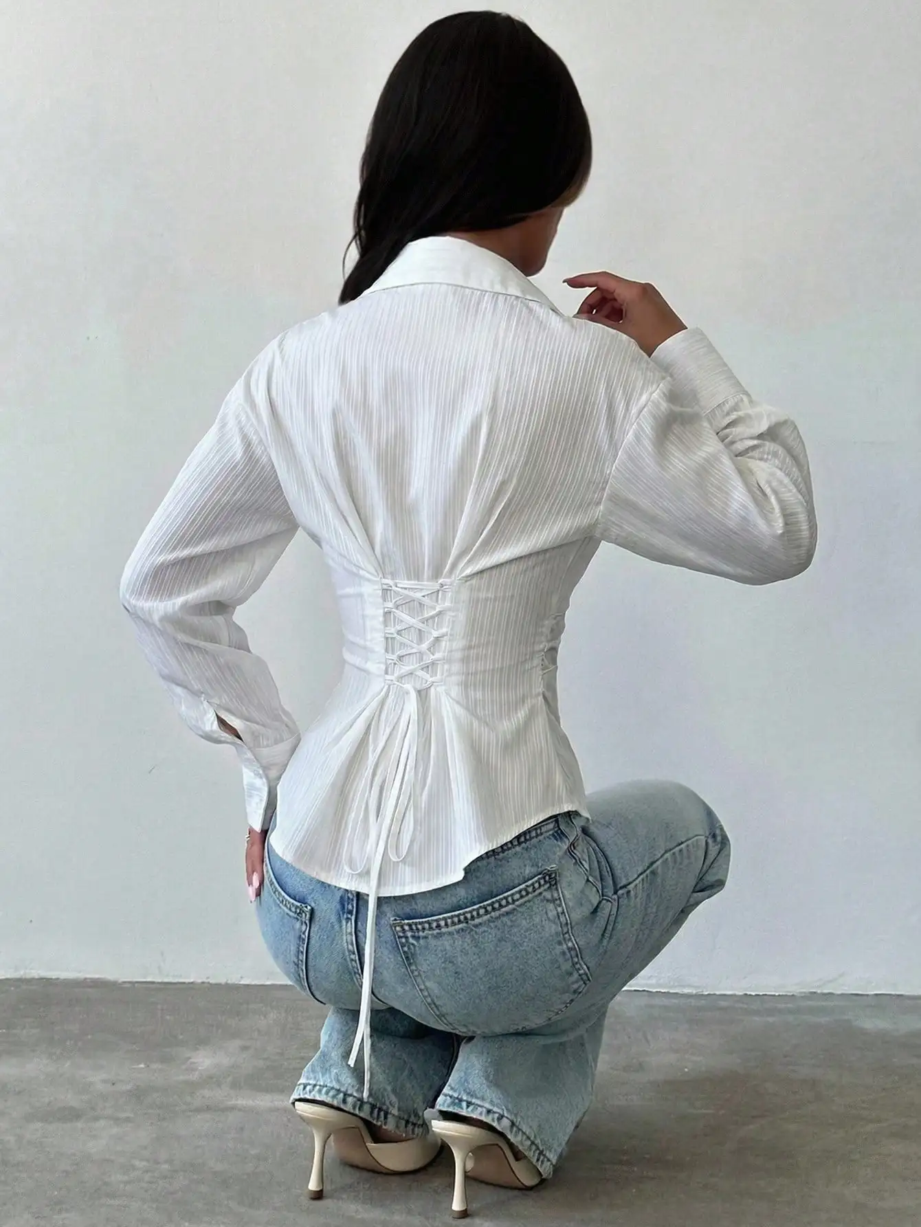 

Women's White Striped Long Sleeve Shirt With Lace-Up Back Casual Blouse