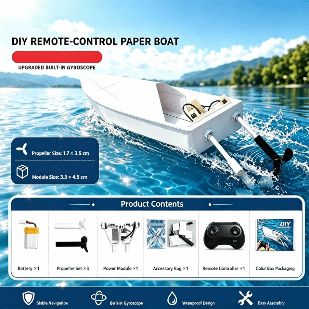 Dual Propulsion RC Paper Boat Modular Assembly Handmade Model Remote Control Boat Stable Play Two-Paddle Motion STEM Boat Model