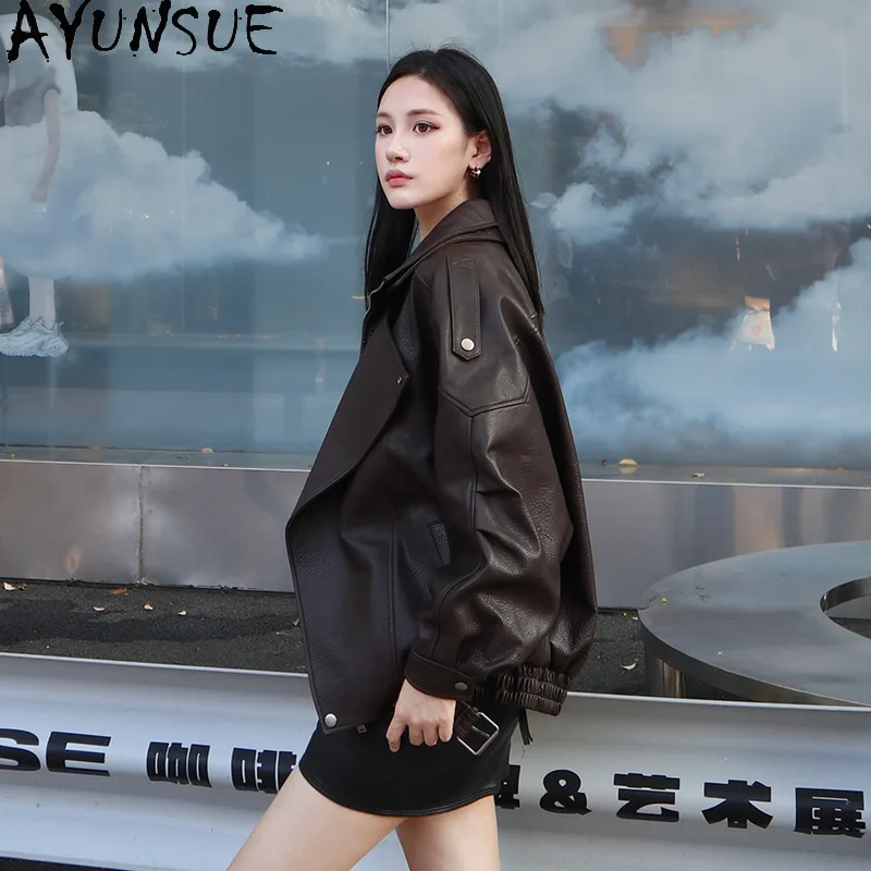AYUNSUE ของแท้หนังแจ็คเก็ตผู้หญิง 2025 หนังแกะแท้แจ็คเก็ตสตรีฤดูใบไม้ผลิฤดูใบไม้ร่วงเสื้อผ้าหลวม Fitха ЖCasual