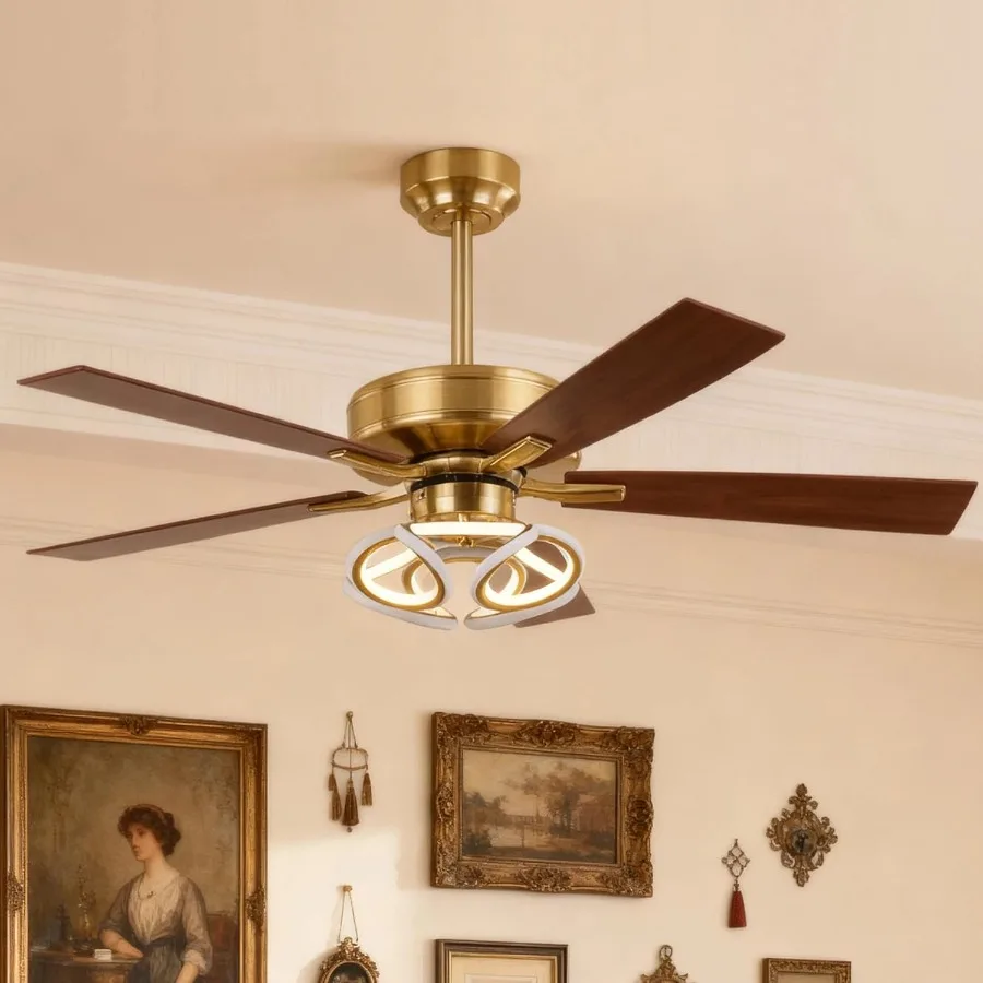 52 Inch Gold Ceiling Fans with Integrated Lights and Remote/APP Controlled RGB Color Changing LED Lighting 6-Speed Reversible D