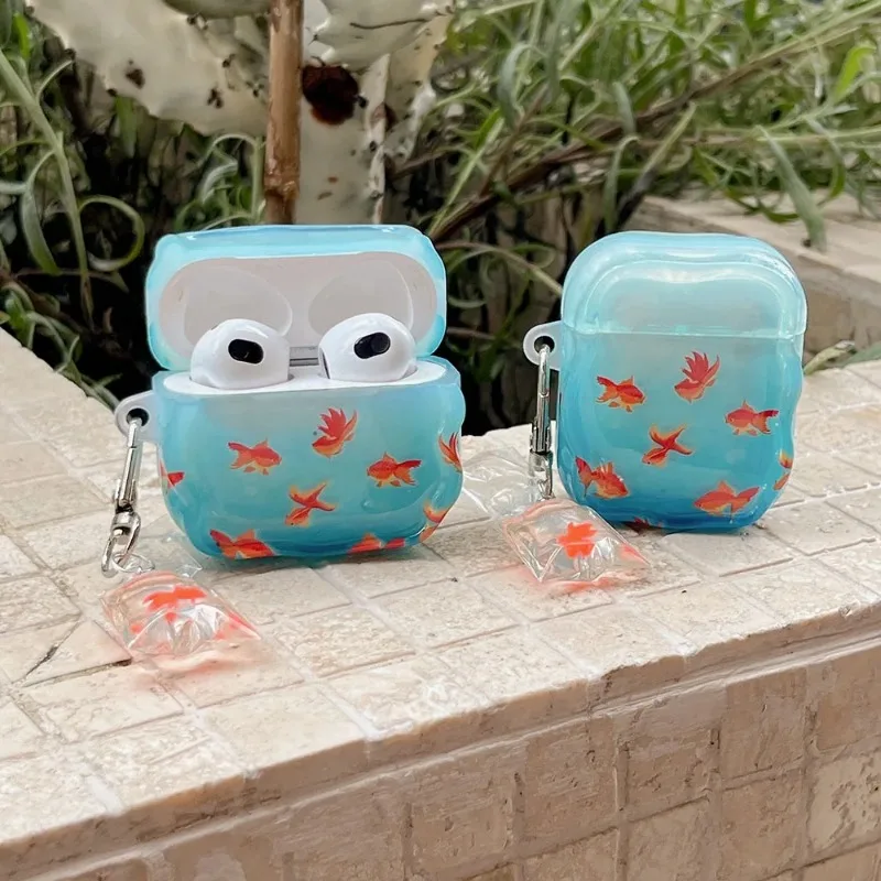 Силиконовый чехол для наушников с рисунком морской синей золотой рыбки для airpods 1, 2, 3, 4 pro 2, защитный чехол, прекрасный кулон с рыбой кои
