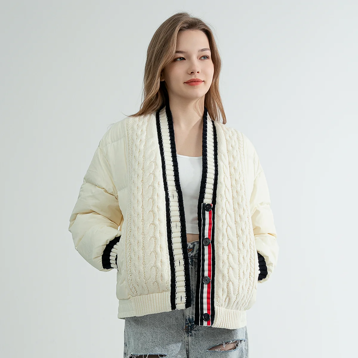 TC625 High quality luxury brand women's wool patchwork white goose down jacket