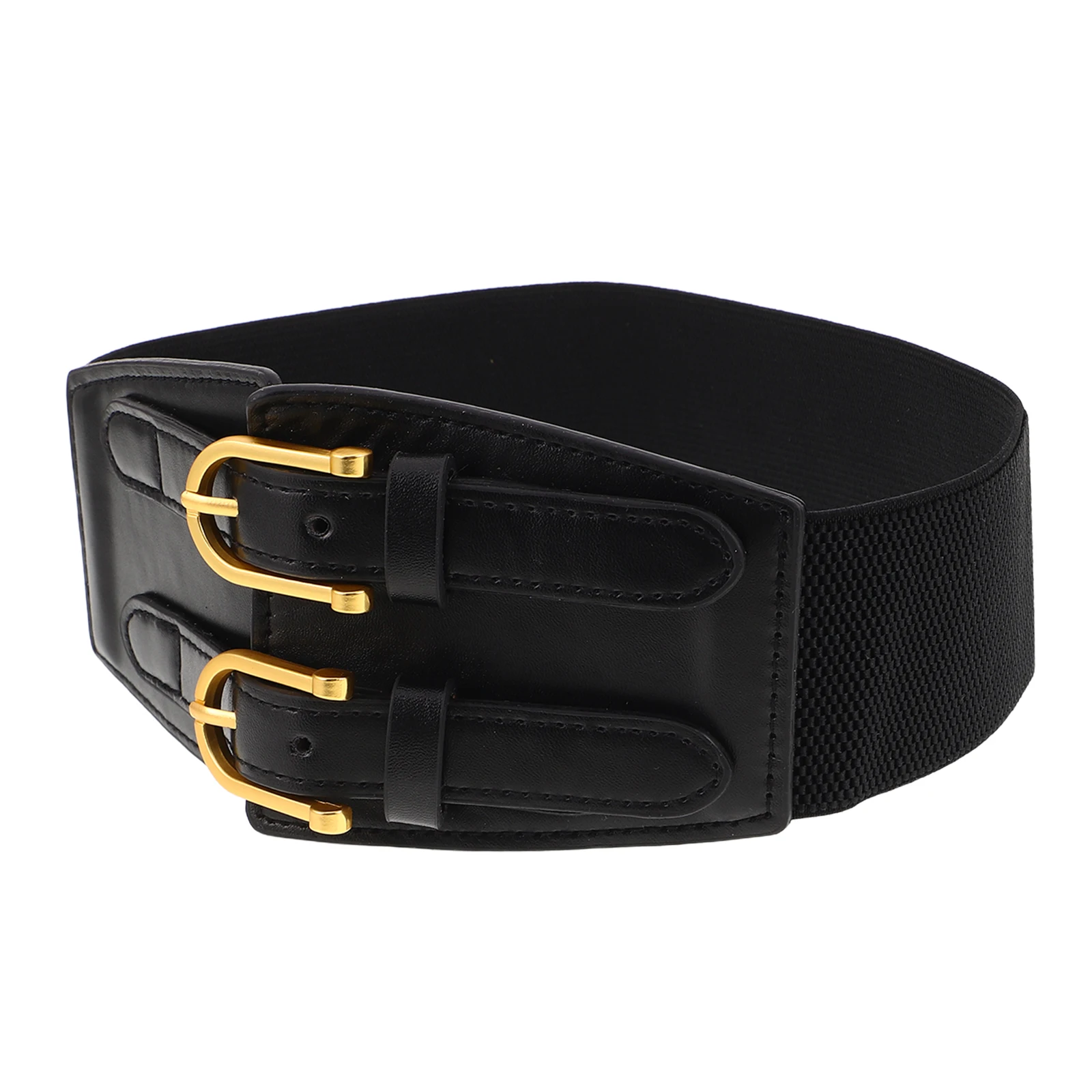 

Elegant Korean Style Women'S Wide Elastic Waist For Dresses Fake Double Buckle Stretchy Dressy Belt Retro Vintage