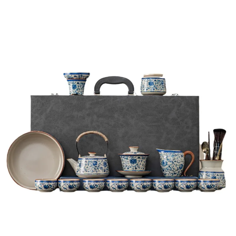 

Blue and white Ru kiln Kung Fu tea set household light luxury business high-end ceramic Chinese teapot gift box set