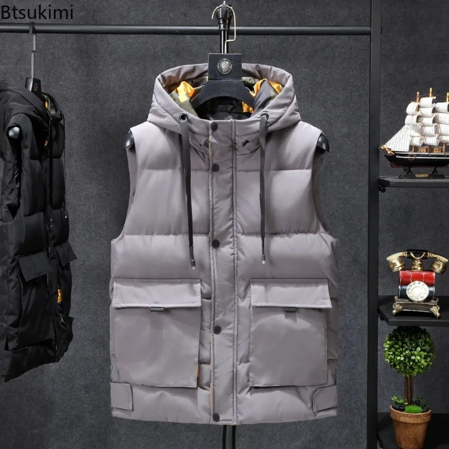 

Winter Warm Parkas Vest Men's Zipper Stand Collar Hooded Sleeveless Cotton Padded Jackets Male Casual Waistcoat with Big Pockets