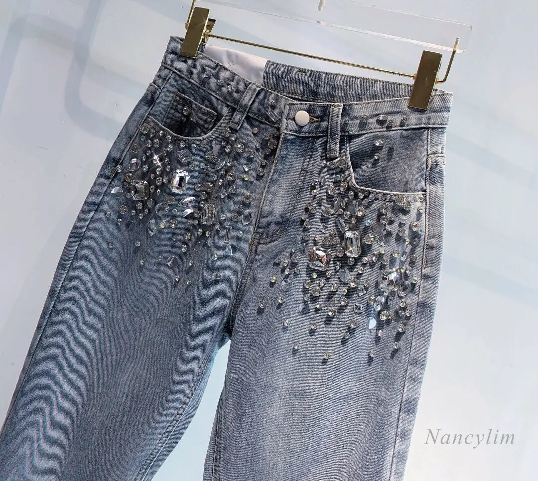 European Fashion New Heavy Industry Full Diamond Rhinestone Flash Denim Pants Women\'s Jeans Blue 2023 Spring Summer