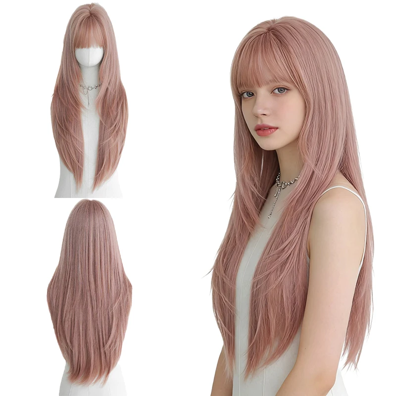 Dusty Pink Long Straight Cosplay Wig for Women Layered Full Head Wig with Air Bangs for Lolita Anime Halloween Costume Party
