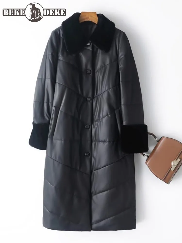 New Casual Women Winter Warm Genuine Leather Down Coat Turn-Down Collar Middle Length Overcoat Sheepskin Long Jacket Size M-8XL