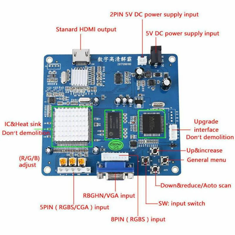 لوحة محول إخراج الفيديو عالية الدقة VGA/RGB/CGA/EGA/YUV إلى HDMI-متوافقة مع مخرج الفيديو لآلة ألعاب الأركيد الزرقاء