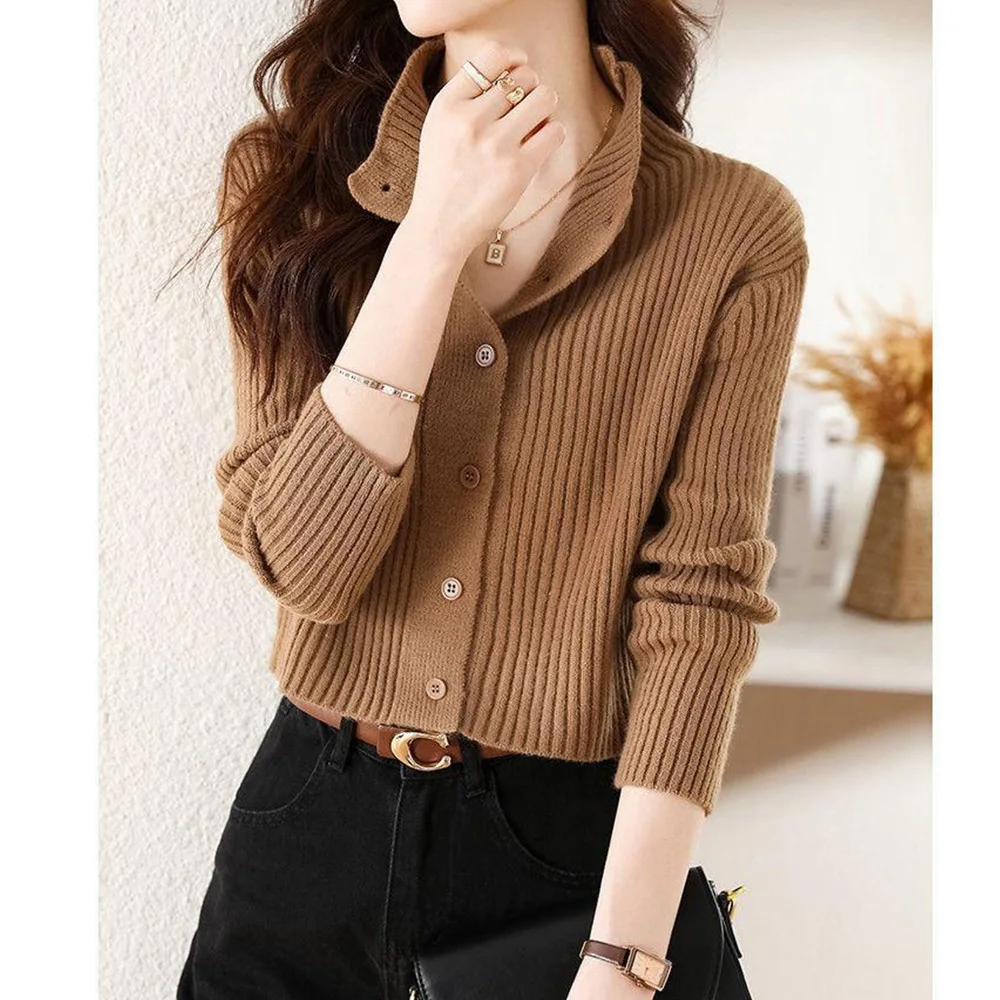 

Women Cardigan Sweaters Coats Mock Neck Jackets Full Sleeve Jumpers Y2k Streetwear Elegant Knit Work Open Stith Autumn Winter