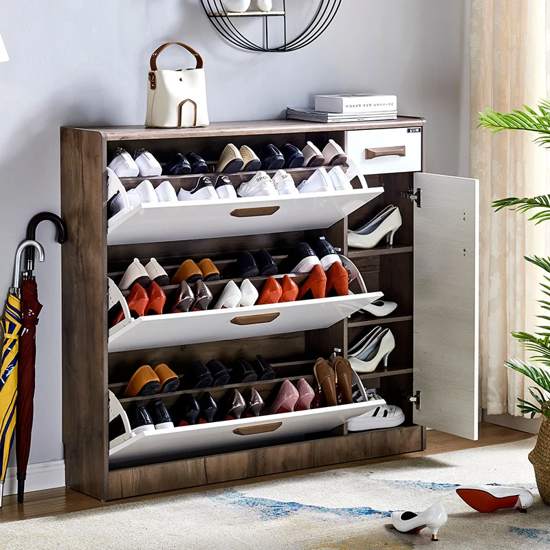 Zapatero ultrafino para el hogar con cubo basurero basculante en la puerta, mueble moderno y sencillo para recibidor, almacenamiento de pintura para porche en nogal