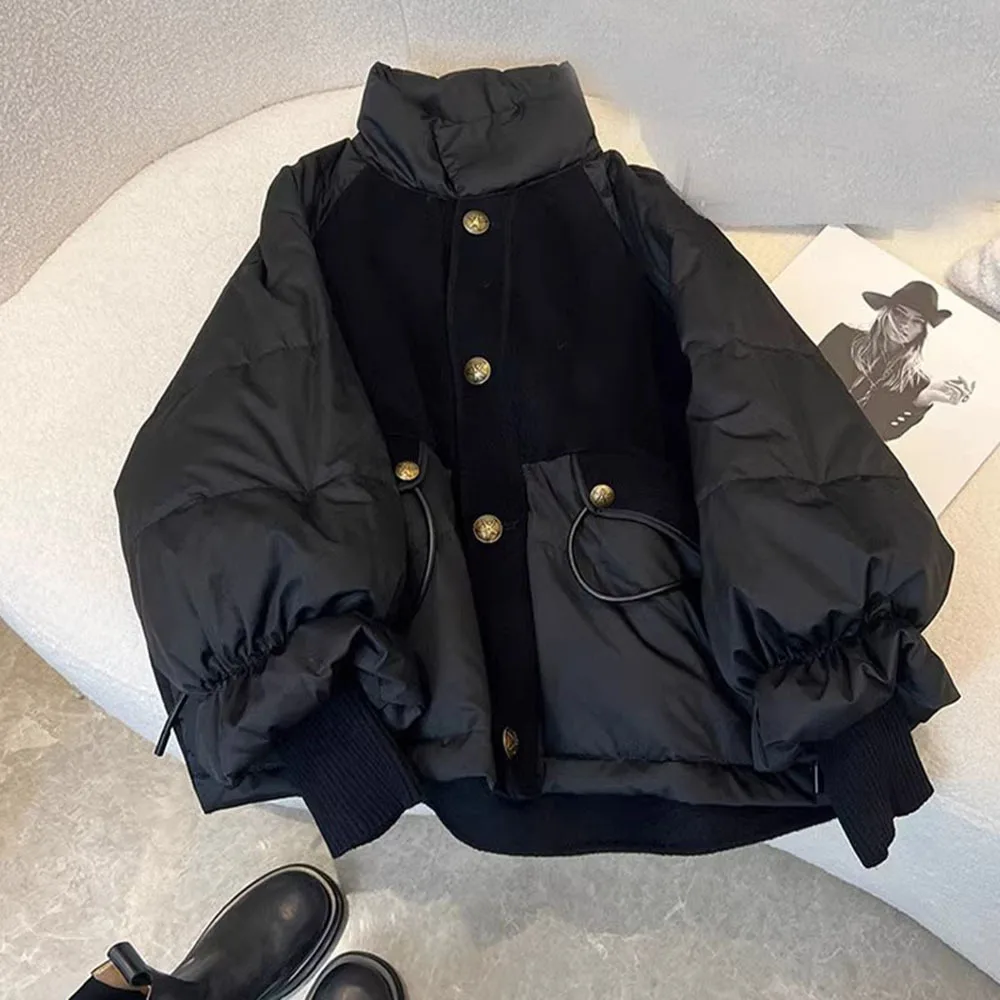 

2023 Winter Black Women's Coat Gold Metal Button Down Cotton Jacket For Women's Autumn Chic Thicken Beautiful Ladies Pad Outwear