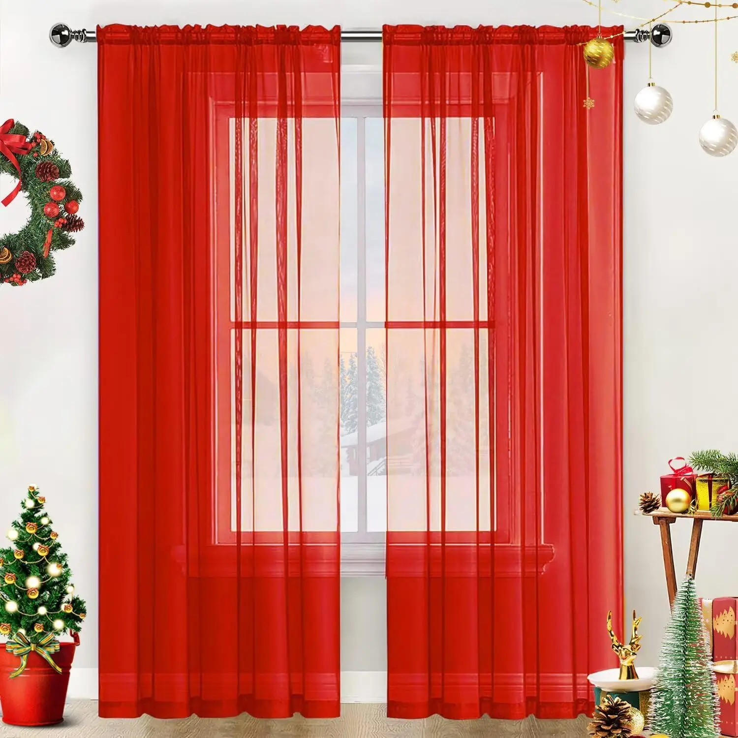 

Sheer Voile Window Curtain Panels with Rod Pocket, Sunlight Filtering for Kitchen Bedroom Living Room, Red 52x84 Inches