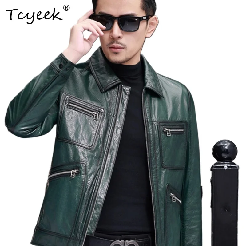 

Tcyeek Верхний слой из коровьей кожи Весна Осень Модная зеленая короткая мужская куртка с лацканами из натуральной кожи Chaqueta Cuero Hombre 가죽 자켓