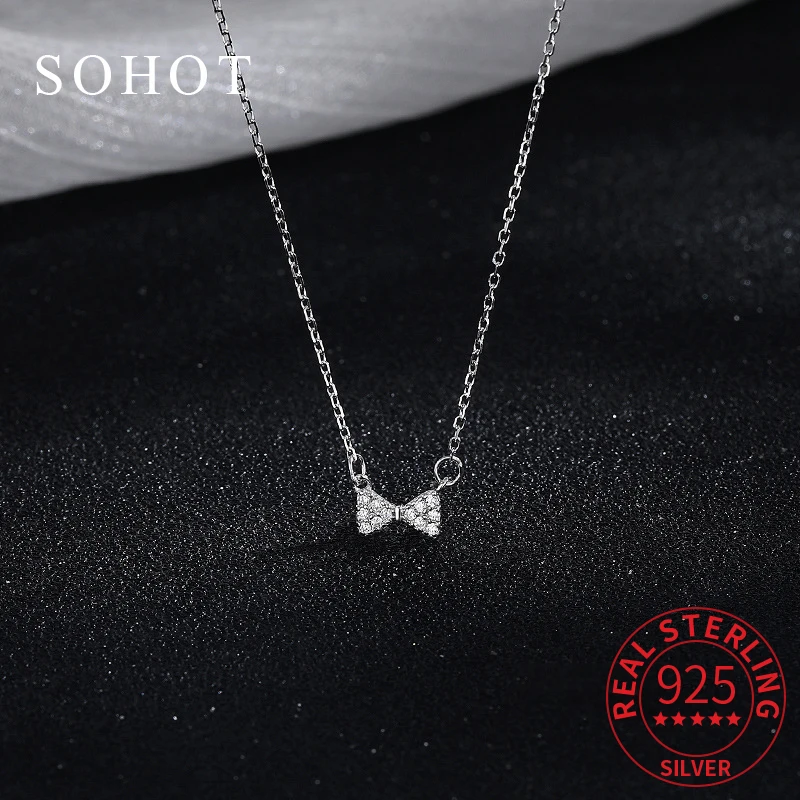 

Real 925 Sterling Silver Mini Full Zircon Bow Pendant Necklace for Charm Women Trendy Fine Jewelry Exquisite Accessories