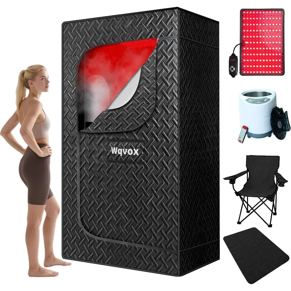 Indoor Infrared Sauna with Red Light Therapy, 660 & 850nm Lamps, 3L Steamer, Upgraded Chair and Mat, 72x36x36, Black