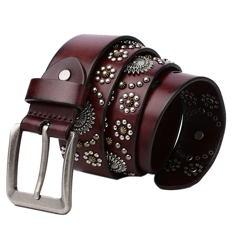 Womens Mens Genuine Cow Leather Bling Flower Rivet Studded Belt Fashion Girls Luxury Ceinture Rivet Cowgirl Cowboy Belts